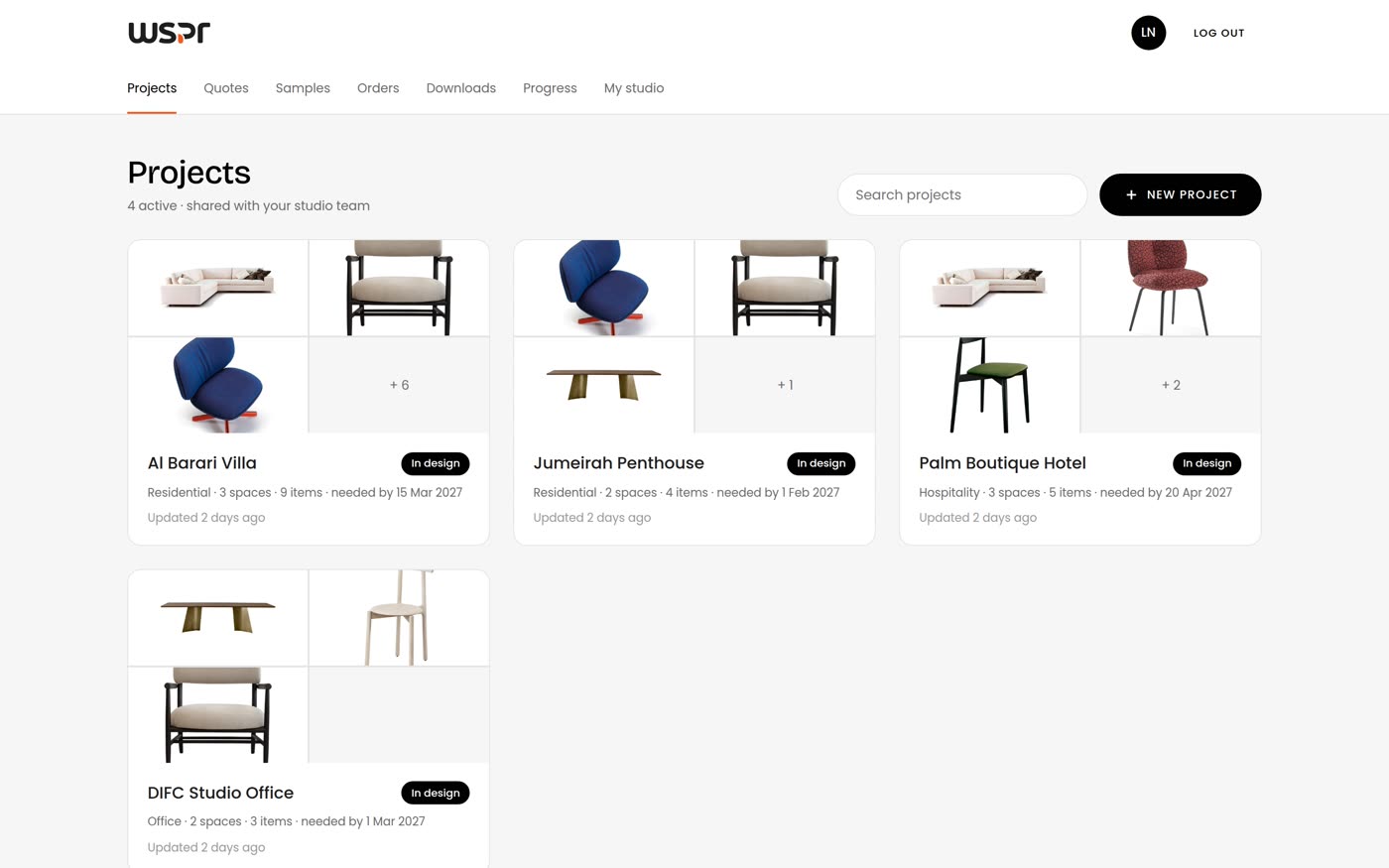 Projects list with four projects