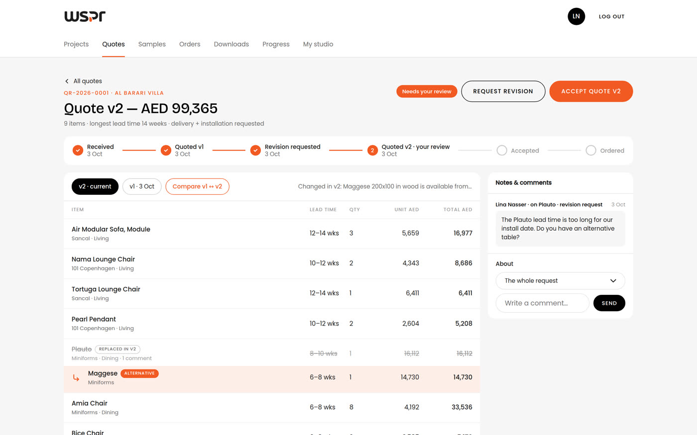 A trade quote with its status timeline